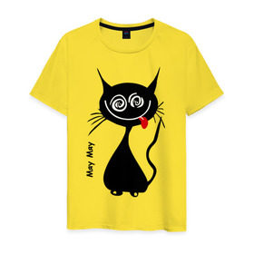 Мужская футболка хлопок с принтом Кошка Мяу в Белгороде, 100% хлопок | прямой крой, круглый вырез горловины, длина до линии бедер, слегка спущенное плечо. | кот | котенок | котик | кошка | кошка мяу | мяу | черная кошка | черный кот