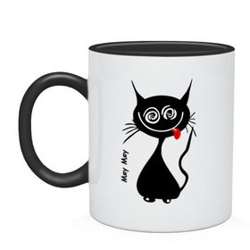 Кружка двухцветная с принтом Кошка Мяу в Белгороде, керамика | объем — 330 мл, диаметр — 80 мм. Цветная ручка и кайма сверху, в некоторых цветах — вся внутренняя часть | кот | котенок | котик | кошка | кошка мяу | мяу | черная кошка | черный кот