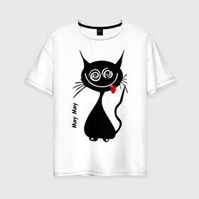 Женская футболка хлопок Oversize с принтом Кошка Мяу в Белгороде, 100% хлопок | свободный крой, круглый ворот, спущенный рукав, длина до линии бедер
 | кот | котенок | котик | кошка | кошка мяу | мяу | черная кошка | черный кот