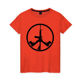 Женская футболка хлопок с принтом Мир из оружия в Белгороде, 100% хлопок | прямой крой, круглый вырез горловины, длина до линии бедер, слегка спущенное плечо | автомат | ак | знак | мир | оружие | пацифика | пистолет | символ мираб ак 47