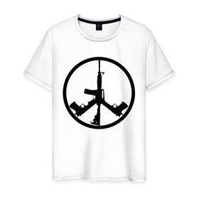 Мужская футболка хлопок с принтом Мир из оружия в Белгороде, 100% хлопок | прямой крой, круглый вырез горловины, длина до линии бедер, слегка спущенное плечо. | автомат | ак | знак | мир | оружие | пацифика | пистолет | символ мираб ак 47