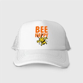 Кепка тракер с сеткой с принтом BeeHappy в Белгороде, трикотажное полотно; задняя часть — сетка | длинный козырек, универсальный размер, пластиковая застежка | веселая | насекомое | настроение | позитив | пчела | пчелка | счастливый | счастье | эмоции