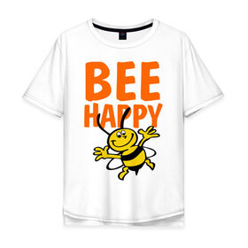 Мужская футболка хлопок Oversize с принтом BeeHappy в Белгороде, 100% хлопок | свободный крой, круглый ворот, “спинка” длиннее передней части | веселая | насекомое | настроение | позитив | пчела | пчелка | счастливый | счастье | эмоции