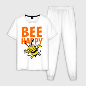 Мужская пижама хлопок с принтом BeeHappy в Белгороде, 100% хлопок | брюки и футболка прямого кроя, без карманов, на брюках мягкая резинка на поясе и по низу штанин
 | Тематика изображения на принте: веселая | насекомое | настроение | позитив | пчела | пчелка | счастливый | счастье | эмоции