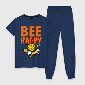 Женская пижама хлопок с принтом BeeHappy в Белгороде, 100% хлопок | брюки и футболка прямого кроя, без карманов, на брюках мягкая резинка на поясе и по низу штанин | Тематика изображения на принте: веселая | насекомое | настроение | позитив | пчела | пчелка | счастливый | счастье | эмоции
