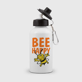 Бутылка спортивная с принтом BeeHappy в Белгороде, металл | емкость — 500 мл, в комплекте две пластиковые крышки и карабин для крепления | Тематика изображения на принте: веселая | насекомое | настроение | позитив | пчела | пчелка | счастливый | счастье | эмоции