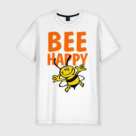 Мужская футболка премиум с принтом BeeHappy в Белгороде, 92% хлопок, 8% лайкра | приталенный силуэт, круглый вырез ворота, длина до линии бедра, короткий рукав | веселая | насекомое | настроение | позитив | пчела | пчелка | счастливый | счастье | эмоции