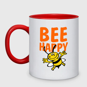Кружка двухцветная с принтом BeeHappy в Белгороде, керамика | объем — 330 мл, диаметр — 80 мм. Цветная ручка и кайма сверху, в некоторых цветах — вся внутренняя часть | Тематика изображения на принте: веселая | насекомое | настроение | позитив | пчела | пчелка | счастливый | счастье | эмоции