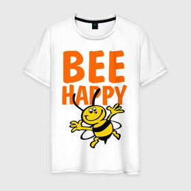 Мужская футболка хлопок с принтом BeeHappy в Белгороде, 100% хлопок | прямой крой, круглый вырез горловины, длина до линии бедер, слегка спущенное плечо. | Тематика изображения на принте: веселая | насекомое | настроение | позитив | пчела | пчелка | счастливый | счастье | эмоции