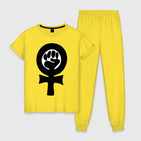 Женская пижама хлопок с принтом эмблема феминизма в Белгороде, 100% хлопок | брюки и футболка прямого кроя, без карманов, на брюках мягкая резинка на поясе и по низу штанин | женщины | кулак | мужчины | отношения | феминистка