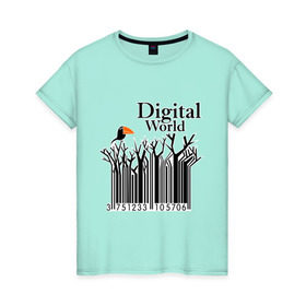 Женская футболка хлопок с принтом Digital World в Белгороде, 100% хлопок | прямой крой, круглый вырез горловины, длина до линии бедер, слегка спущенное плечо | digital world | деревья | птица | птичка | цифра | цифровой мир | штриф код | штрих код | штрихкод