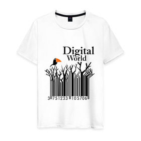 Мужская футболка хлопок с принтом Digital World в Белгороде, 100% хлопок | прямой крой, круглый вырез горловины, длина до линии бедер, слегка спущенное плечо. | digital world | деревья | птица | птичка | цифра | цифровой мир | штриф код | штрих код | штрихкод
