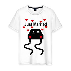 Мужская футболка хлопок с принтом Молодожены в машине в Белгороде, 100% хлопок | прямой крой, круглый вырез горловины, длина до линии бедер, слегка спущенное плечо. | брак | жена | жениться | жених | любовь | муж | невеста | свадьба | семья | сердечки | сердца | супруга