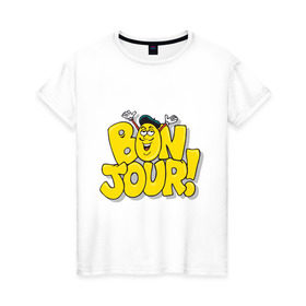 Женская футболка хлопок с принтом Bonjour - Привет! в Белгороде, 100% хлопок | прямой крой, круглый вырез горловины, длина до линии бедер, слегка спущенное плечо | bon jour | бон жур | смайл | француз