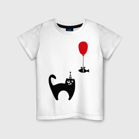 Детская футболка хлопок с принтом Кот и рыбка (1) в Белгороде, 100% хлопок | круглый вырез горловины, полуприлегающий силуэт, длина до линии бедер | киса | кот | котенок | котик | кошка | кошки | рыбка