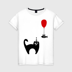 Женская футболка хлопок с принтом Кот и рыбка (1) в Белгороде, 100% хлопок | прямой крой, круглый вырез горловины, длина до линии бедер, слегка спущенное плечо | киса | кот | котенок | котик | кошка | кошки | рыбка