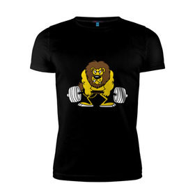 Мужская футболка премиум с принтом Лев Powerlifting в Белгороде, 92% хлопок, 8% лайкра | приталенный силуэт, круглый вырез ворота, длина до линии бедра, короткий рукав | бодибилдинг | гантеля | кач | качалочка | качок | лев | мускулы | мышцы | пауэрлифтинг | тренажерка