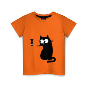 Детская футболка хлопок с принтом Кот и рыба в Белгороде, 100% хлопок | круглый вырез горловины, полуприлегающий силуэт, длина до линии бедер | Тематика изображения на принте: киса | киска | котенок | котик | котэ | кошка | рыбка