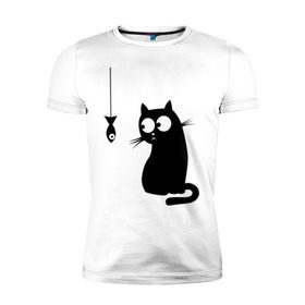 Мужская футболка премиум с принтом Кот и рыба в Белгороде, 92% хлопок, 8% лайкра | приталенный силуэт, круглый вырез ворота, длина до линии бедра, короткий рукав | киса | киска | котенок | котик | котэ | кошка | рыбка