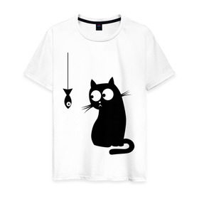 Мужская футболка хлопок с принтом Кот и рыба в Белгороде, 100% хлопок | прямой крой, круглый вырез горловины, длина до линии бедер, слегка спущенное плечо. | Тематика изображения на принте: киса | киска | котенок | котик | котэ | кошка | рыбка