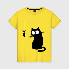 Женская футболка хлопок с принтом Кот и рыба в Белгороде, 100% хлопок | прямой крой, круглый вырез горловины, длина до линии бедер, слегка спущенное плечо | киса | киска | котенок | котик | котэ | кошка | рыбка