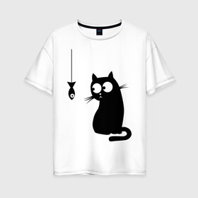 Женская футболка хлопок Oversize с принтом Кот и рыба в Белгороде, 100% хлопок | свободный крой, круглый ворот, спущенный рукав, длина до линии бедер
 | киса | киска | котенок | котик | котэ | кошка | рыбка