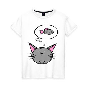 Женская футболка хлопок с принтом Кот и рыбка (2) в Белгороде, 100% хлопок | прямой крой, круглый вырез горловины, длина до линии бедер, слегка спущенное плечо | девушкам | киса | котенок | котик | кошка | кошки | рыба | серый кот