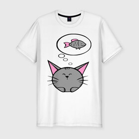 Мужская футболка премиум с принтом Кот и рыбка (2) в Белгороде, 92% хлопок, 8% лайкра | приталенный силуэт, круглый вырез ворота, длина до линии бедра, короткий рукав | девушкам | киса | котенок | котик | кошка | кошки | рыба | серый кот