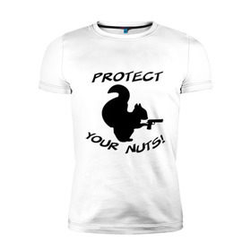 Мужская футболка премиум с принтом Protect your nuts в Белгороде, 92% хлопок, 8% лайкра | приталенный силуэт, круглый вырез ворота, длина до линии бедра, короткий рукав | Тематика изображения на принте: белка | белочка | вооруженная | защищай | зверь | орехи | оружие | пистолет | свои