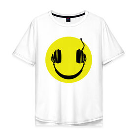 Мужская футболка хлопок Oversize с принтом Смайлик-наушники в Белгороде, 100% хлопок | свободный крой, круглый ворот, “спинка” длиннее передней части | Тематика изображения на принте: smile | наушники | смайл | смайлик | смайлики | улыбка