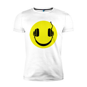 Мужская футболка премиум с принтом Смайлик-наушники в Белгороде, 92% хлопок, 8% лайкра | приталенный силуэт, круглый вырез ворота, длина до линии бедра, короткий рукав | Тематика изображения на принте: smile | наушники | смайл | смайлик | смайлики | улыбка