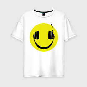 Женская футболка хлопок Oversize с принтом Смайлик-наушники в Белгороде, 100% хлопок | свободный крой, круглый ворот, спущенный рукав, длина до линии бедер
 | smile | наушники | смайл | смайлик | смайлики | улыбка