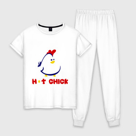 Женская пижама хлопок с принтом Hot Chick в Белгороде, 100% хлопок | брюки и футболка прямого кроя, без карманов, на брюках мягкая резинка на поясе и по низу штанин | горячая | курица | курочка | цыпленок | чика