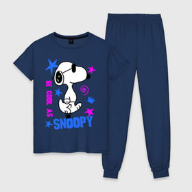 Женская пижама хлопок с принтом Be cool as Snoopy в Белгороде, 100% хлопок | брюки и футболка прямого кроя, без карманов, на брюках мягкая резинка на поясе и по низу штанин | snoopy | будь крутым как снупи | мультик | мультики | мультфильмы | снупи | собачка снупи