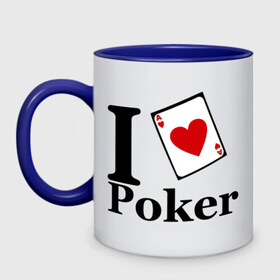 Кружка двухцветная с принтом poker love в Белгороде, керамика | объем — 330 мл, диаметр — 80 мм. Цветная ручка и кайма сверху, в некоторых цветах — вся внутренняя часть | i love poker | poker | азартные игры | карта | название меняем на  life with pokerлюблю покер | покер | туз | туз черви | я люблю покер