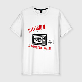 Мужская футболка премиум с принтом Телевидение ест твой мозг в Белгороде, 92% хлопок, 8% лайкра | приталенный силуэт, круглый вырез ворота, длина до линии бедра, короткий рукав | eating your brain | hungry | television | антенна | передача | программа | телевизор | телешоу | телик | ящик