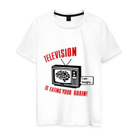 Мужская футболка хлопок с принтом Телевидение ест твой мозг в Белгороде, 100% хлопок | прямой крой, круглый вырез горловины, длина до линии бедер, слегка спущенное плечо. | eating your brain | hungry | television | антенна | передача | программа | телевизор | телешоу | телик | ящик