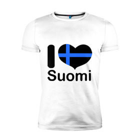 Мужская футболка премиум с принтом Love Suomi в Белгороде, 92% хлопок, 8% лайкра | приталенный силуэт, круглый вырез ворота, длина до линии бедра, короткий рукав | Тематика изображения на принте: suomi | курорты | курорты финляндии | люблю финляндию | отдых | финляндия