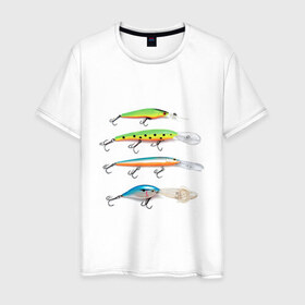 Мужская футболка хлопок с принтом Приманки в Белгороде, 100% хлопок | прямой крой, круглый вырез горловины, длина до линии бедер, слегка спущенное плечо. | для рыбаков | крючок | наживка | наживки | приманка | рыба | рыбак | рыбакам | рыбалка