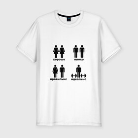 Мужская футболка премиум с принтом Идеальная пара в Белгороде, 92% хлопок, 8% лайкра | приталенный силуэт, круглый вырез ворота, длина до линии бедра, короткий рукав | гантели | идеально | спорт | хорошо | человечки | штанга