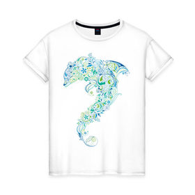 Женская футболка хлопок с принтом Абстрактный дельфин в Белгороде, 100% хлопок | прямой крой, круглый вырез горловины, длина до линии бедер, слегка спущенное плечо | абстрактный дельфин | дельфин | животные | морские животные | орнамент | рисунок | цветочный орнамент