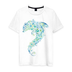 Мужская футболка хлопок с принтом Абстрактный дельфин в Белгороде, 100% хлопок | прямой крой, круглый вырез горловины, длина до линии бедер, слегка спущенное плечо. | абстрактный дельфин | дельфин | животные | морские животные | орнамент | рисунок | цветочный орнамент