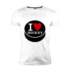 Мужская футболка премиум с принтом Я люблю хоккей (шайба) в Белгороде, 92% хлопок, 8% лайкра | приталенный силуэт, круглый вырез ворота, длина до линии бедра, короткий рукав | Тематика изображения на принте: hockey | hokey | hokkey | матч | спорт | спортивный | хокей | хоккеист | чемпионат