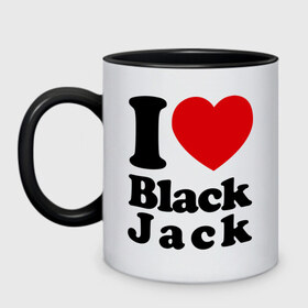 Кружка двухцветная с принтом I love black jack в Белгороде, керамика | объем — 330 мл, диаметр — 80 мм. Цветная ручка и кайма сверху, в некоторых цветах — вся внутренняя часть | 21 | black jack | i love | i love black jack | блэк джек | карточный игры | карты | покер | я люблю