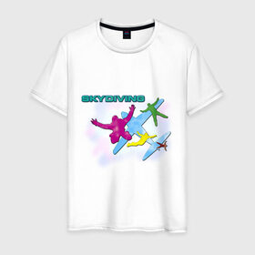 Мужская футболка хлопок с принтом SkyDiving принт в Белгороде, 100% хлопок | прямой крой, круглый вырез горловины, длина до линии бедер, слегка спущенное плечо. | sky diving | воздушный | параплан | парашут | парашют | прыжки | самолет | скай дайвинг | скайдайвинг