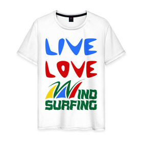 Мужская футболка хлопок с принтом Виндсерфинг в Белгороде, 100% хлопок | прямой крой, круглый вырез горловины, длина до линии бедер, слегка спущенное плечо. | live | love | sport | wind surfing | windsurfing | экстремальный | экстрим