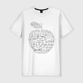 Мужская футболка премиум с принтом Яблоко Ньютона (формулы физики) в Белгороде, 92% хлопок, 8% лайкра | приталенный силуэт, круглый вырез ворота, длина до линии бедра, короткий рукав | для студентов | ньютон | студентам | студенческие | физика | формула | формулы | яблоко ньютона