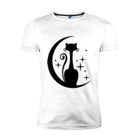 Мужская футболка премиум с принтом Кошка на луне в Белгороде, 92% хлопок, 8% лайкра | приталенный силуэт, круглый вырез ворота, длина до линии бедра, короткий рукав | звезды | киса | луна | месяц | ночная | ночь
