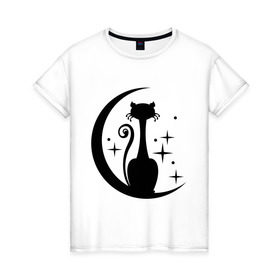 Женская футболка хлопок с принтом Кошка на луне в Белгороде, 100% хлопок | прямой крой, круглый вырез горловины, длина до линии бедер, слегка спущенное плечо | звезды | киса | луна | месяц | ночная | ночь