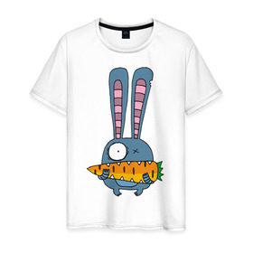 Мужская футболка хлопок с принтом заяц с морковкой в Белгороде, 100% хлопок | прямой крой, круглый вырез горловины, длина до линии бедер, слегка спущенное плечо. | животные | зайчик | заяц | заяц с морковкой | морковка